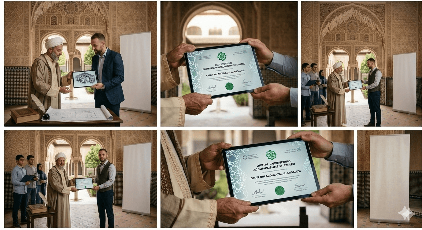 Certification ceremony at Qurtubah: award presentation in a traditional courtyard setting