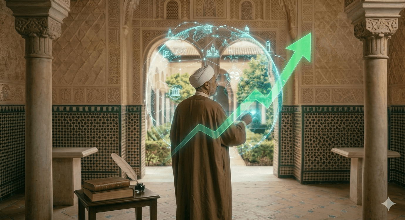 Mentor viewing a holographic globe and growth visualization in the courtyard