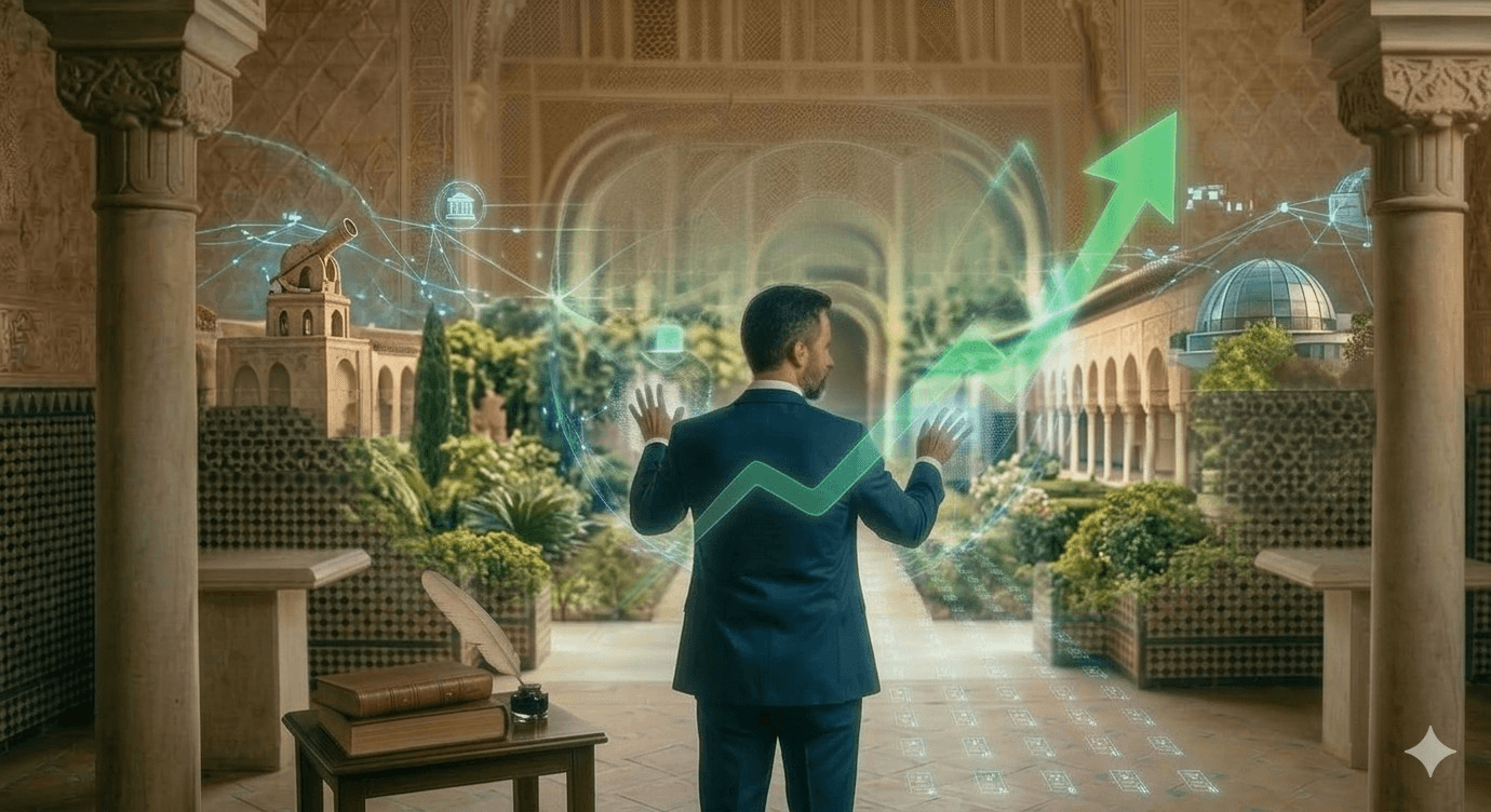 Professional interacting with a holographic skills and growth display